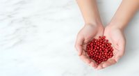 Young woman with fair skin holding a cluster of red spheres in cupped hands against white marble surface, representing healthcare, wellness, or medical concepts for design and editorial use.