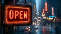 Glowing red neon open sign against blurred urban nightlife background with bokeh lights and rain reflections on city street. Perfect for business and nightlife concepts.