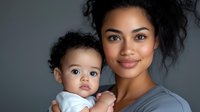 Young African American mother holding mixed race toddler son in grey casual clothing against dark background, showing loving bond and tender family moment.