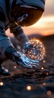 Astronaut in spacesuit holds glowing sphere of interconnected light networks against sunset sky, creating magical sci-fi atmosphere with bokeh effects.
