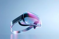 Futuristic virtual reality headset with sleek metallic finish and pink gradient reflections on light blue background, modern technology concept for gaming and VR experiences.
