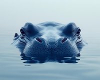 Closeup of hippopotamus eyes and snout emerging from calm water surface in blue morning light, creating mysterious wildlife atmosphere for nature publications.
