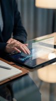 Business professional analyzing financial data on tablet with holographic interface display in modern office environment for corporate presentations.