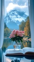 Pink flowers in glass vase on open book by window overlooking serene mountain lake with autumn trees and snow-capped peaks in background.