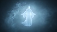 Ethereal glowing figure in white robes floating against dark background with mystical fog effects, representing spiritual and religious concepts.