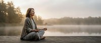 Young woman meditating in lotus pose on wooden dock at misty lake during golden hour sunrise, practicing mindfulness and yoga for mental wellness.