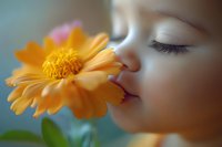 Young child with closed eyes gently smelling bright orange calendula flower in soft focus macro photography, capturing innocent sensory exploration and connection with nature.