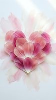 Pink flower petals arranged in heart shape on soft watercolor background for romantic wedding and Valentine's Day designs.