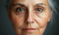 Close up portrait of mature woman with gray hair and green eyes showing natural aging skin texture and authentic facial features. Radiating inner confidence.