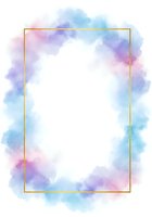 Watercolor frame with pastel purple and blue clouds surrounding golden border on white background for wedding invitations and greeting cards.