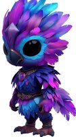 Magical bird creature with vibrant purple and blue feathers wearing fantasy armor and belts, isolated on white background for creative design projects.
