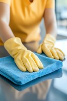 Person in yellow shirt wearing protective rubber gloves wiping glossy surface with blue microfiber cloth, demonstrating proper cleaning technique.