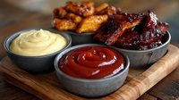 Grilled barbecue chicken wings with roasted potatoes served on metal plates with ketchup and mustard dipping sauces on wooden serving board.