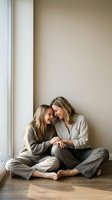 Two young Caucasian women sitting together by window in cozy neutral tones sharing intimate moment of friendship and connection in modern minimalist home.