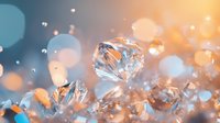 Sparkling crystal diamonds on reflective surface with soft golden bokeh lights and dreamy atmosphere, luxury jewelry background for elegant design projects.