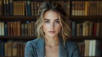 Young Caucasian woman with blue eyes and blonde hair in business attire poses against library bookshelf background, soft natural lighting creates professional atmosphere.