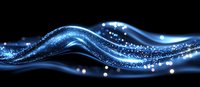 Glowing blue wave with sparkling particles and light effects on black background creates dynamic flowing motion and energy visualization.