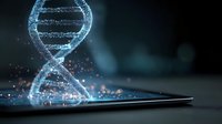 Digital DNA helix hologram emerging from tablet screen with glowing particles in dark blue environment, representing genetic technology advancement.