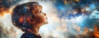 Young Caucasian boy with upturned face in profile against cosmic galaxy background showing nebula, stars and space elements. Double exposure artistic portrait.