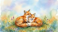 Two red foxes resting together in meadow with wildflowers and soft watercolor landscape background, suitable for children's books and nature illustrations.