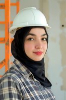 Young Middle Eastern female engineer wearing hijab and white hard hat at construction site, smiling confidently in plaid work shirt. Professional portrait showcases diversity in STEM.