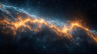Cosmic energy wave with glowing orange and blue light streams against starry space background, abstract galaxy formation with luminous nebula patterns.