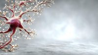 Neuron cell with branching dendrites and synaptic connections on gray background, illustrating neural network activity in brain science.