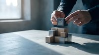 Businessman hands placing wooden cube with house icon on top of block tower for real estate investment and property development planning concept.