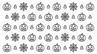 Halloween seamless pattern with jack-o-lantern pumpkins, spider webs and candy corn on white background. Perfect for wrapping paper, textile design.