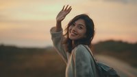 Young Asian woman waving goodbye at sunset on rural road wearing casual sweater with backpack during golden hour travel adventure.