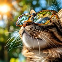 Cool cat wearing sunglasses looking up at sunny sky, close-up portrait with natural bokeh background and reflection in glasses. Pet lifestyle concept.