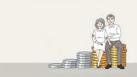 Senior couple standing behind growing stacks of coins representing retirement savings and financial planning for elderly lifestyle security.