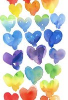 Colorful watercolor hearts in rainbow gradient arrangement on white background, soft and fluid artistic style. Suitable for Valentine's Day cards and romantic designs.