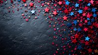 Red and blue star-shaped confetti scattered on dark slate background creating festive patriotic border design for holiday celebrations and party decorations.