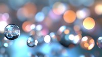 Crystal clear water droplet suspended in air against colorful bokeh background with soft blue and orange light circles.