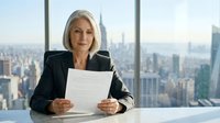 Mature woman with blonde hair wearing black business suit holding document at desk with cityscape view through floor-to-ceiling windows behind her, suitable for corporate, business, and professional concepts.