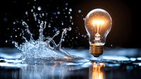Glowing light bulb with water splash on dark background, creative concept combining electricity and liquid elements for innovation and fresh ideas.