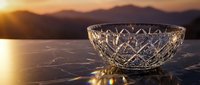 Crystal cut glass bowl on reflective surface with golden sunset mountain landscape background creating elegant luxury tableware scene.