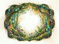 Enchanted forest frame with lush green foliage, mushrooms and magical plants creating ornate border on light background for fairy tale designs.