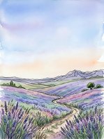 Lavender field landscape with rolling hills, mountains, and winding path under soft pastel sky, suitable for wall art and nature-themed designs.