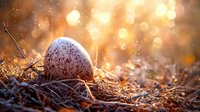 Speckled egg nestled in dry grass at sunset with magical golden bokeh background, creating dreamy nature atmosphere with soft glowing light and sparkles.