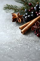 Aromatic cinnamon sticks, star anise, winter berries and pine branches on textured gray background with sugar crystals, creating festive holiday atmosphere.