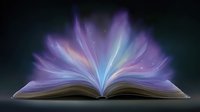 Magical open book with glowing pages emitting ethereal purple and blue light rays against dark background, creating mystical atmosphere with sparkling particles.