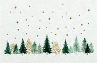 Watercolor winter forest landscape with green pine trees, gold trees, and starry night sky on white textured background.