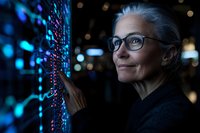 Mature businesswoman with glasses analyzing digital data visualization on interactive screen, illuminated by blue technology display in dark office.