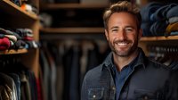Smiling Caucasian male business owner in denim shirt standing in clothing retail store with shelves of folded garments and hangers in background. For retail and small business.