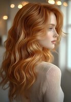 Young woman with long, wavy copper-red hair styled in loose waves, wearing a cream ribbed sweater, photographed in profile against a blurred bokeh background with warm lighting.