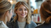 Young blonde woman with warm smile in beauty salon, surrounded by stylists discussing hair treatment options.