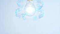 Glowing light bulb surrounded by floating medical and healthcare icons on light blue background representing innovation in medicine and health technology.