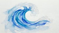 Blue watercolor ocean wave with flowing motion and splash effects on textured paper background for coastal decor and marine themed designs.